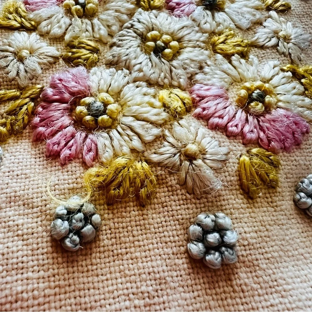 Vintage Round Embroidered Table Topper with Crochet Trim – 37”x34”